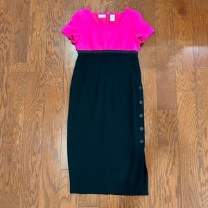 80s Vintage Liz Claiborne Dress Long Side Slit Maxi Hot Pink Fuchsia Black Party